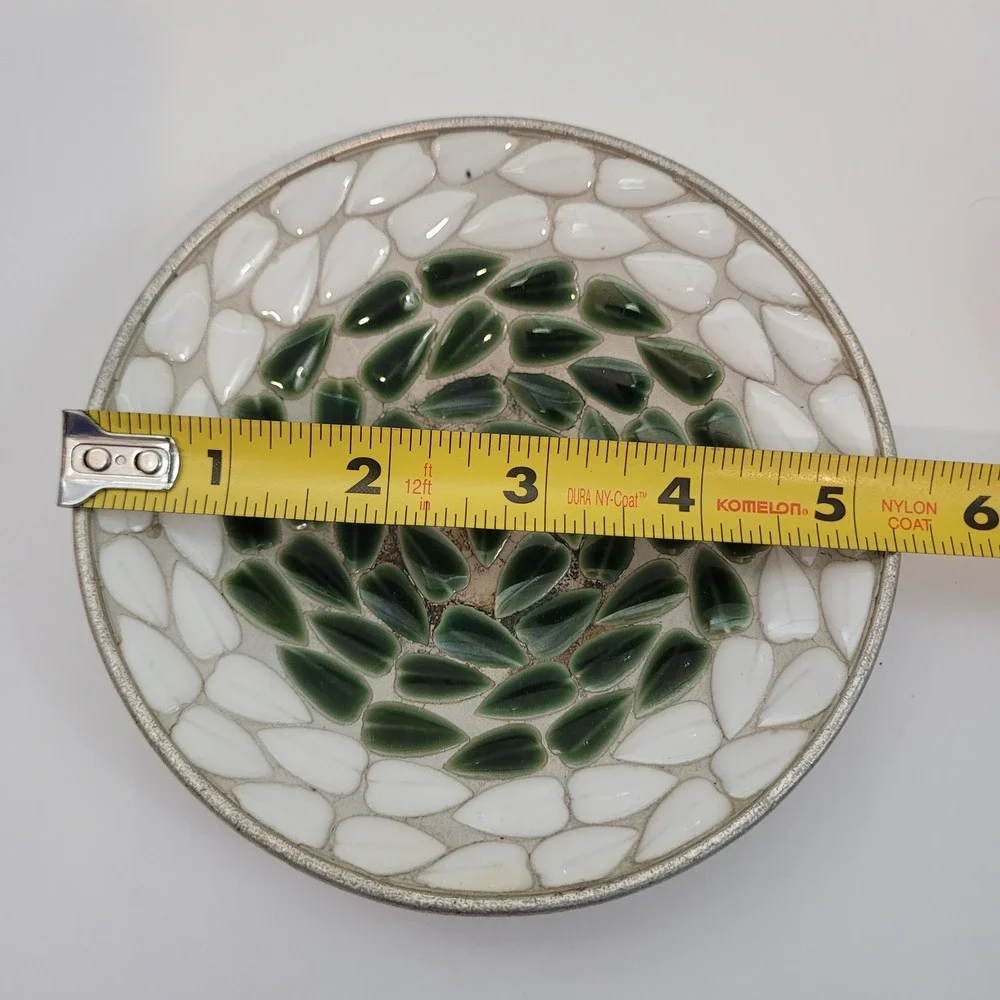 Vintage Trinket‎ Dish Green White Mosaic Spiral Gold Tone Metal 5in Mid Century